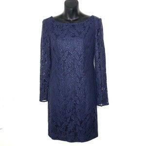 Aidan Mattox Womens Blue Lace Long Sleeve Sheath Cocktail Dress Sz 2 Deep V Back